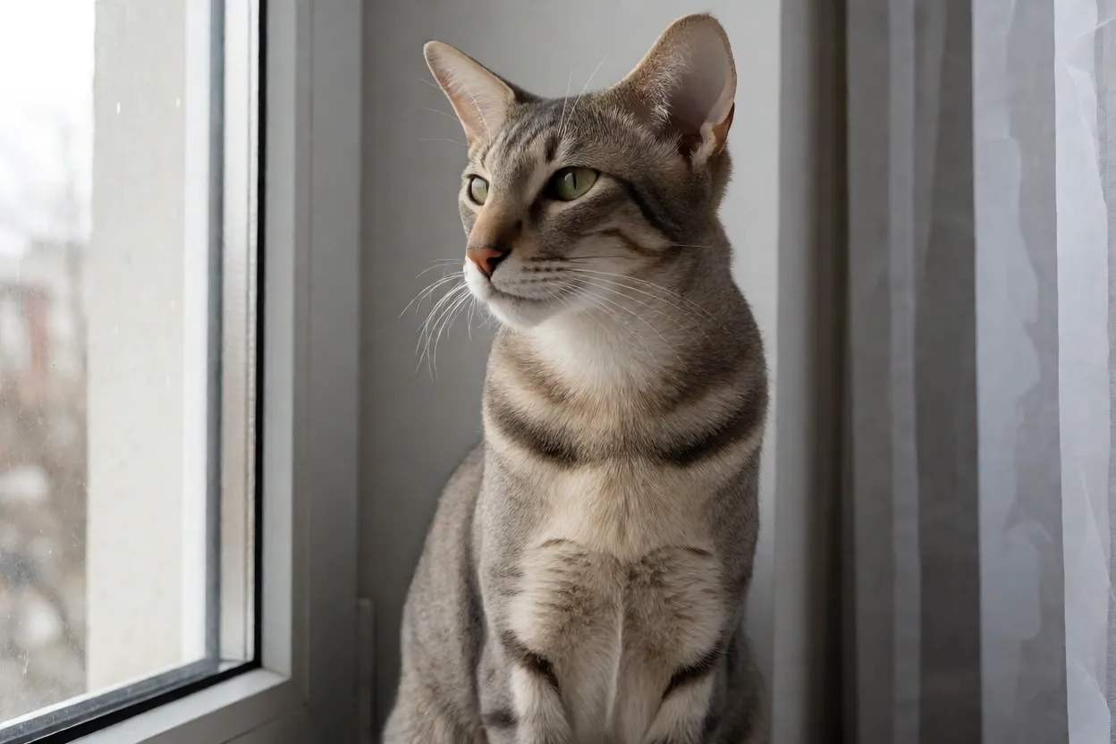 Oriental Shorthair olhando pela janela com express&atilde;o atenta
