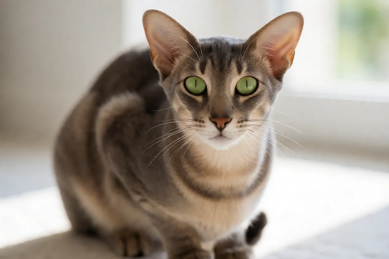 Oriental Shorthair adulto em pose elegante olhando para a c&acirc;mera