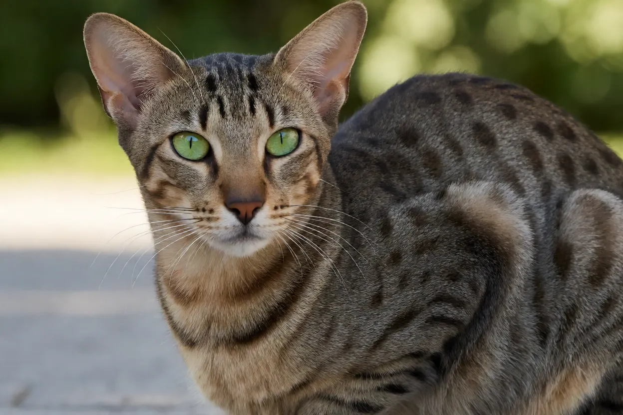 Oriental Shorthair tabby manchado com olhos verdes intensos