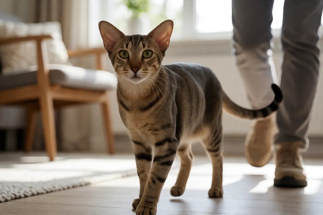 Oriental Shorthair interativo seguindo o tutor pela casa
