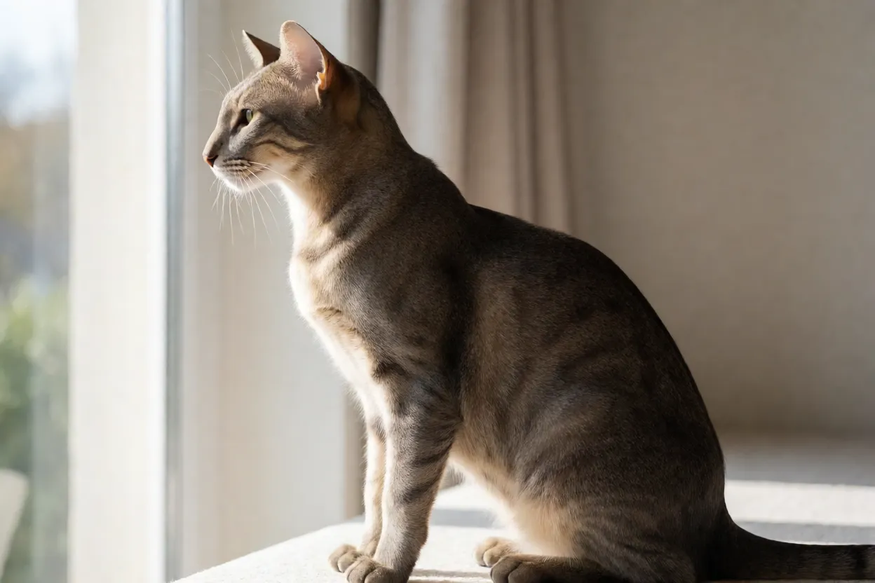 Oriental Shorthair adulto em perfil mostrando corpo tubular e cauda longa