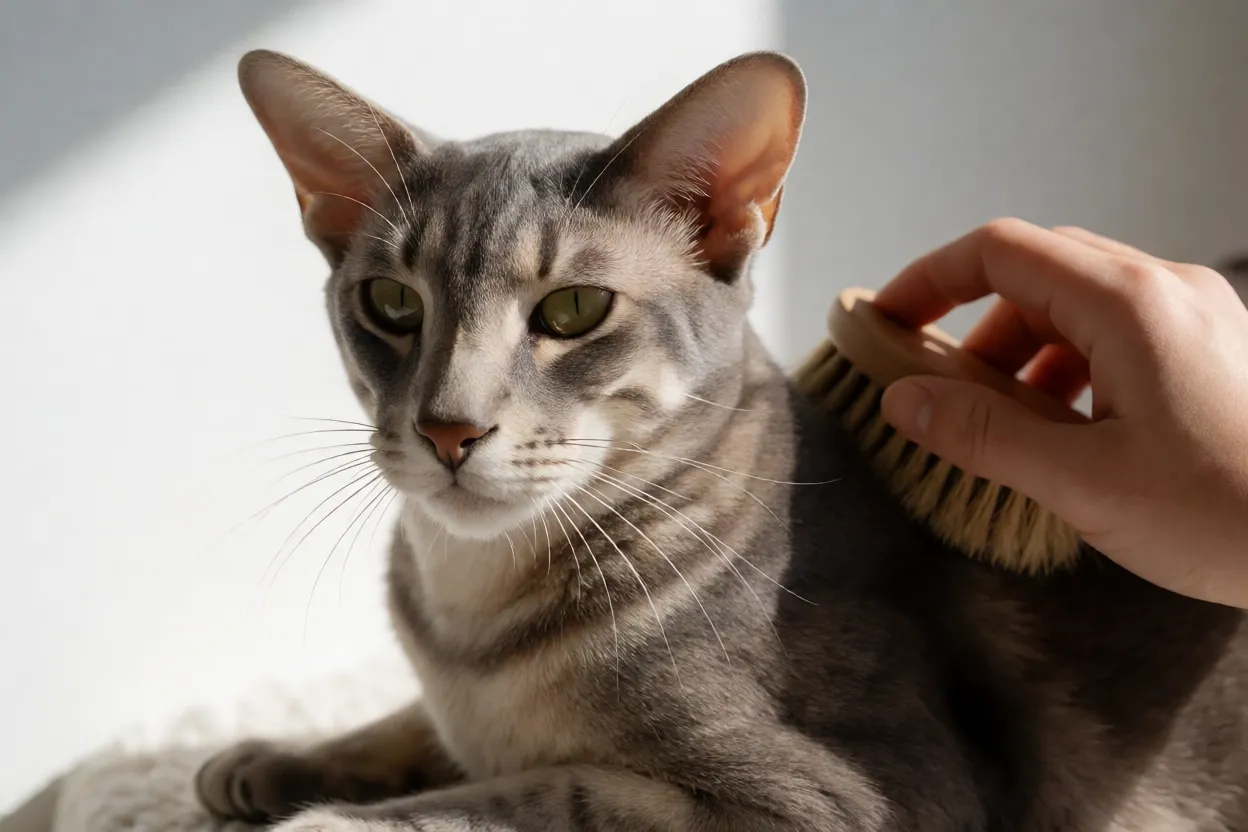 M&atilde;o escovando suavemente a pelagem curta de um Oriental Shorthair