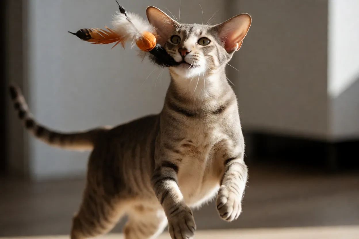 Oriental Shorthair saltando para pegar brinquedo de pena