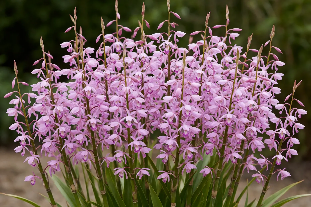 Orquídea Bambu: características, crescimento, floração e como cuidar Touceira de orquídea-bambu florida com hastes altas e flores rosa-lilás
