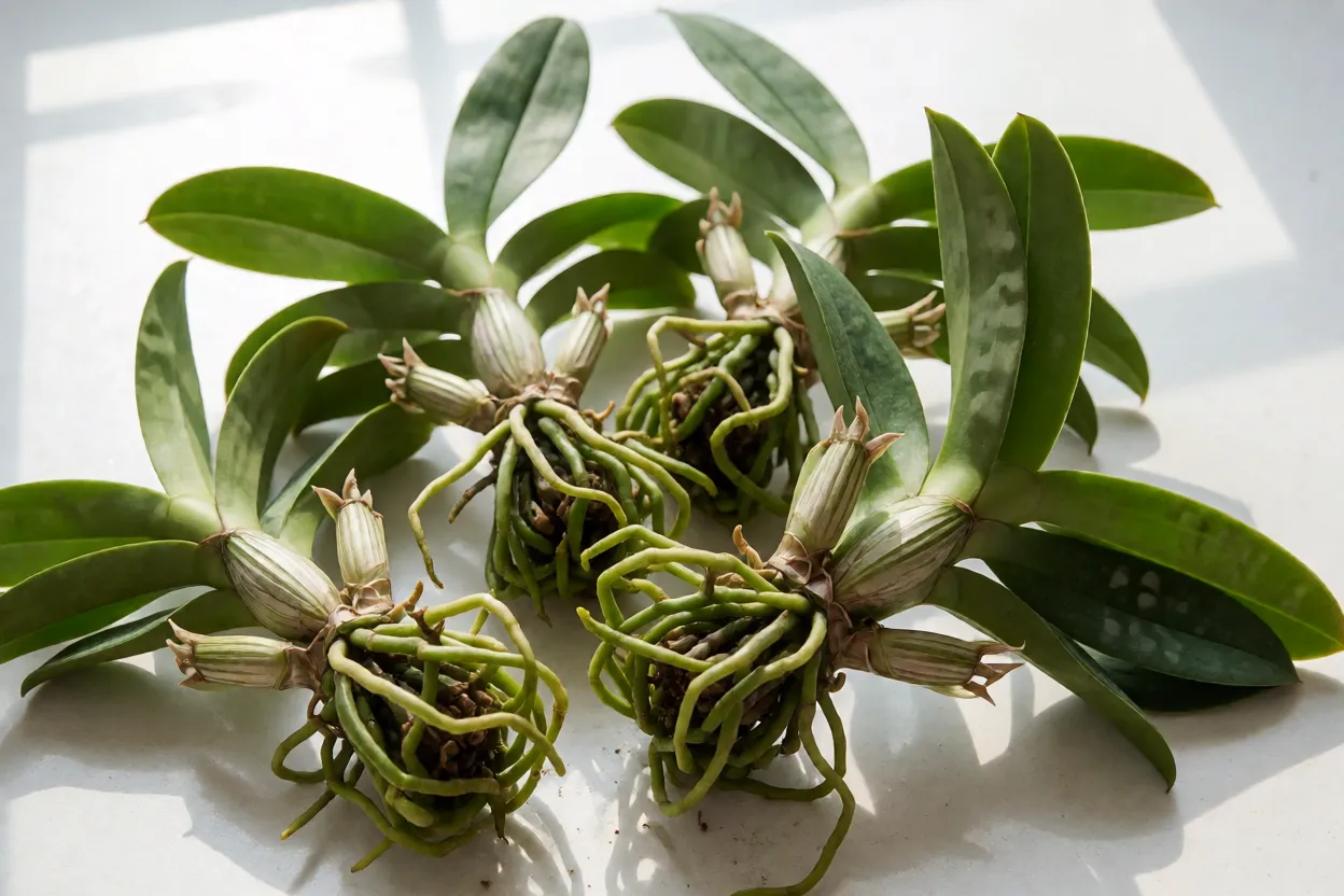 Orquídea Bambu: características, crescimento, floração e como cuidar Mudas de orquídea-bambu separadas da touceira, prontas para plantio