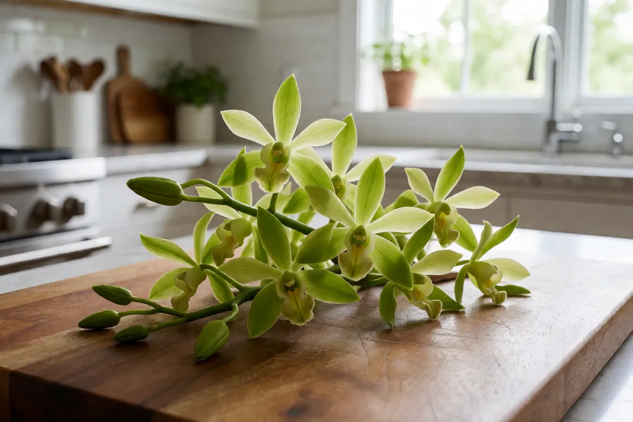 Orquídea Bambu: características, crescimento, floração e como cuidar Flores de orquídea-bambu sobre uma tábua de madeira em ambiente de cozinha