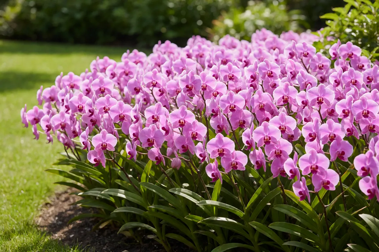 Orquídea Bambu: características, crescimento, floração e como cuidar Canteiro de orquídea-bambu florida formando maciço rosa em jardim ensolarado