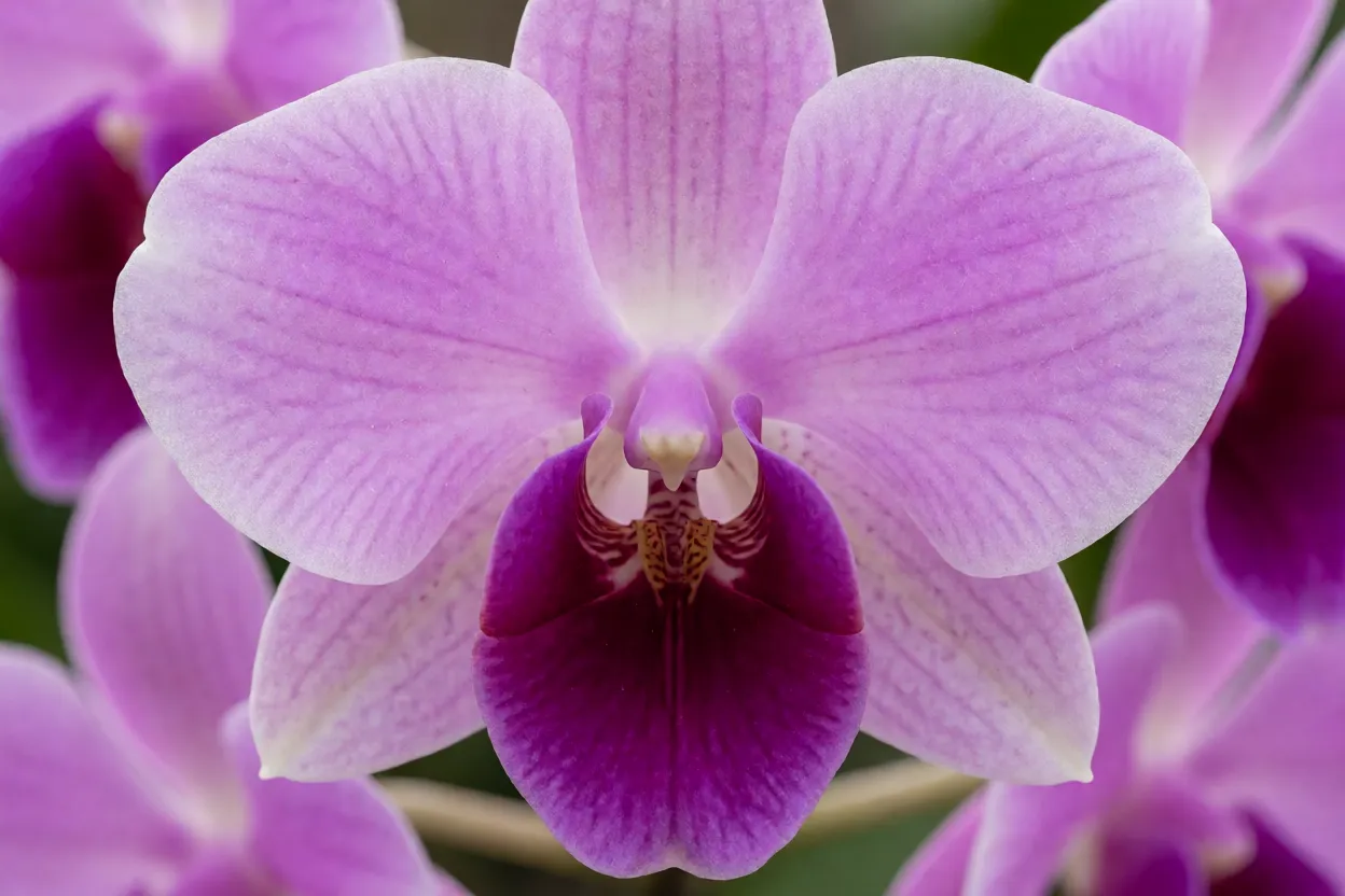 Orquídea Bambu: características, crescimento, floração e como cuidar Flor de orquídea-bambu com pétalas rosa-lilás e lábio roxo em detalhe