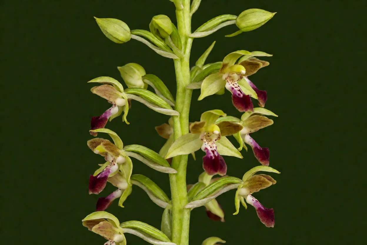 Orquídea Bambu: características, crescimento, floração e como cuidar Orquídea-bambu com botões e flores abertas em sequência na ponta da haste