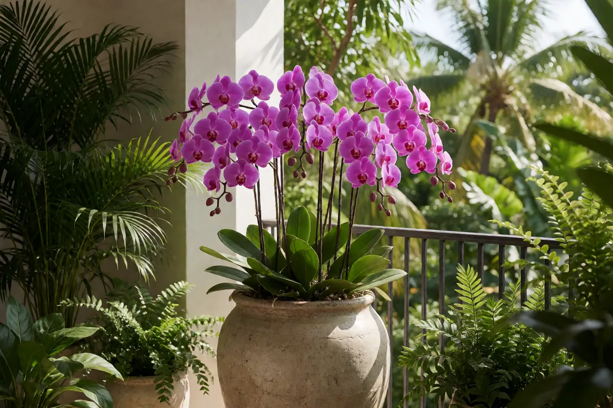 Orquídea Bambu: características, crescimento, floração e como cuidar Orquídea-bambu em vaso grande na varanda ao lado de plantas tropicais