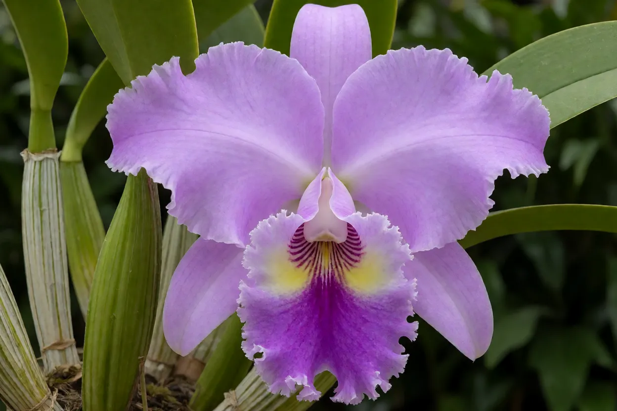 Flor de Cattleya lil&aacute;s com labelo franzido aberta sobre pseudobulbos