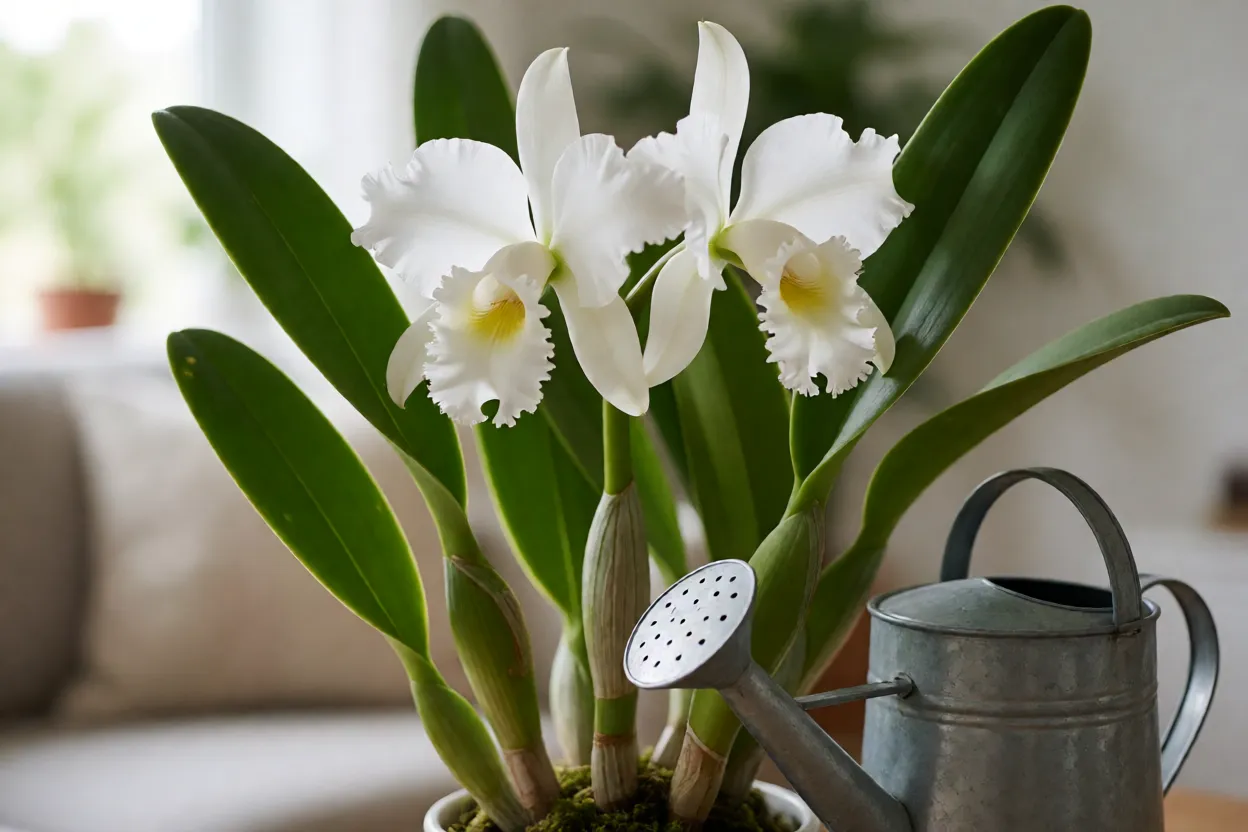 Adubo para orqu&iacute;deas dilu&iacute;do em regador ao lado de Cattleya