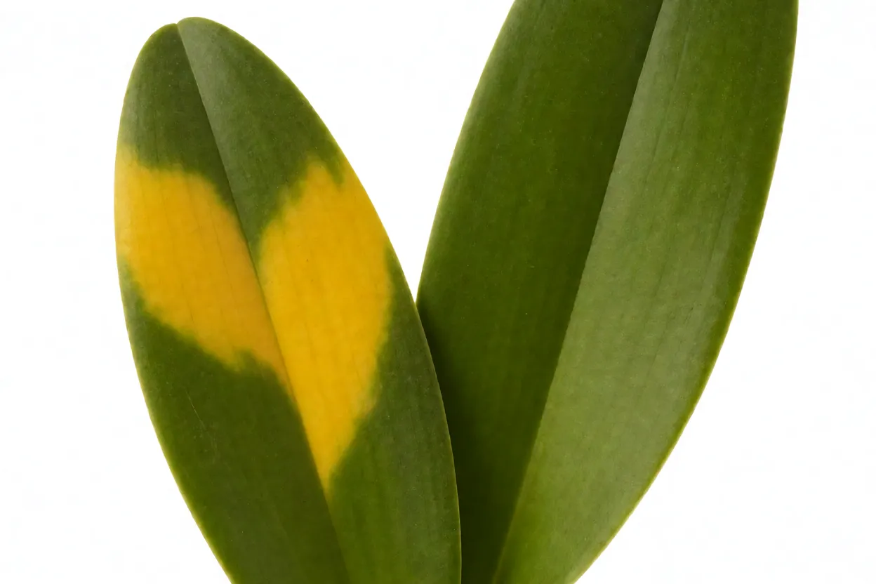 Folha de Cattleya com manchas amarelas causadas por excesso de sol