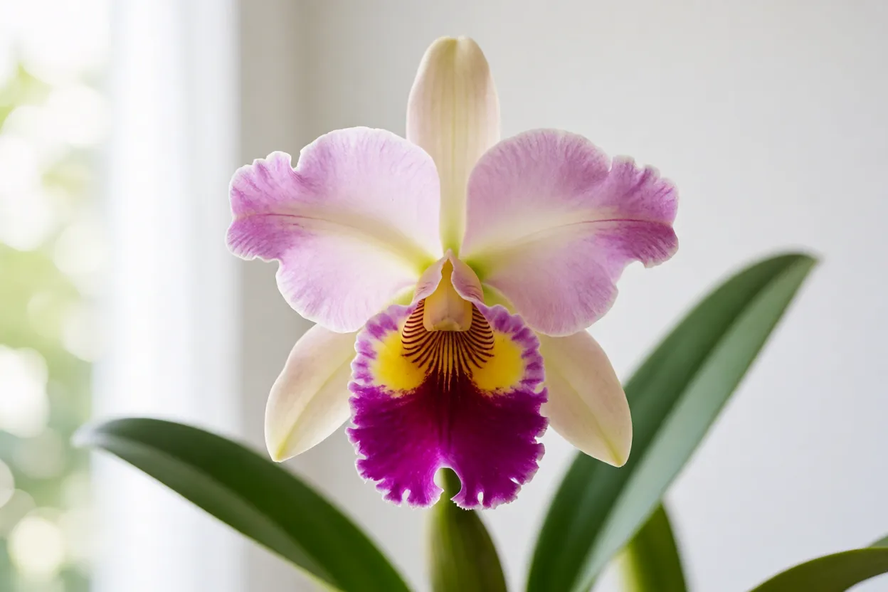 Cattleya em flor com pessoa sentindo o perfume da orqu&iacute;dea