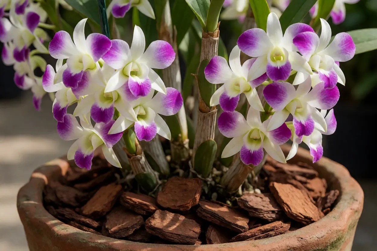 Orquídea Dendrobium nobile florida em vaso de barro com substrato de casca de pinus