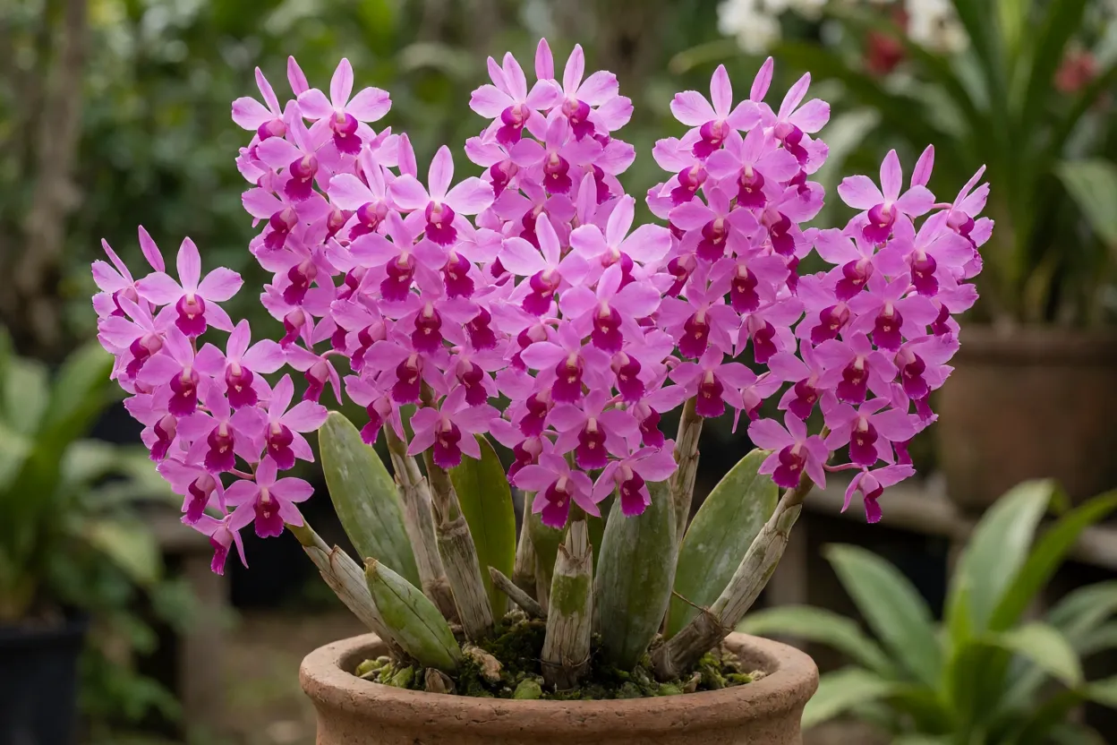 Orquídea-escova-de-mamadeira florida em vaso de barro com cachos densos rosa-magenta