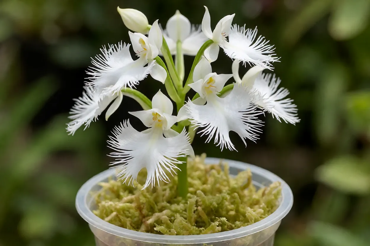 Orquídea-garça florida em vaso com flores brancas em forma de garça