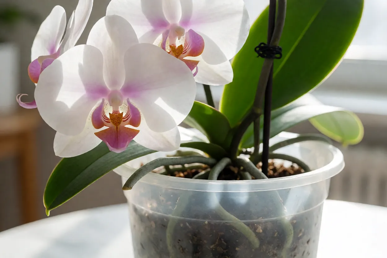 Orquídea Phalaenopsis branca com centro rosa em vaso transparente