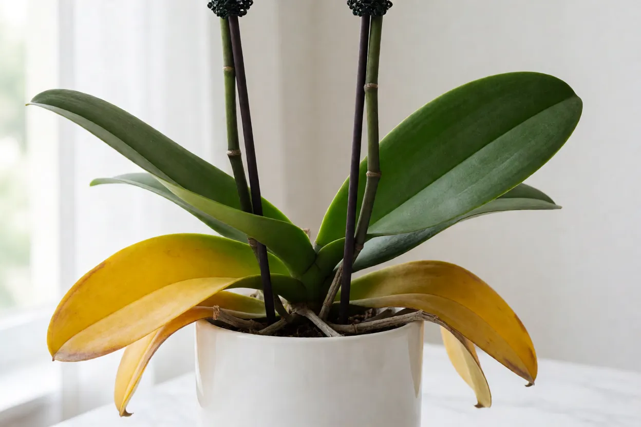 Folhas amareladas e ra&iacute;zes podres de Phalaenopsis