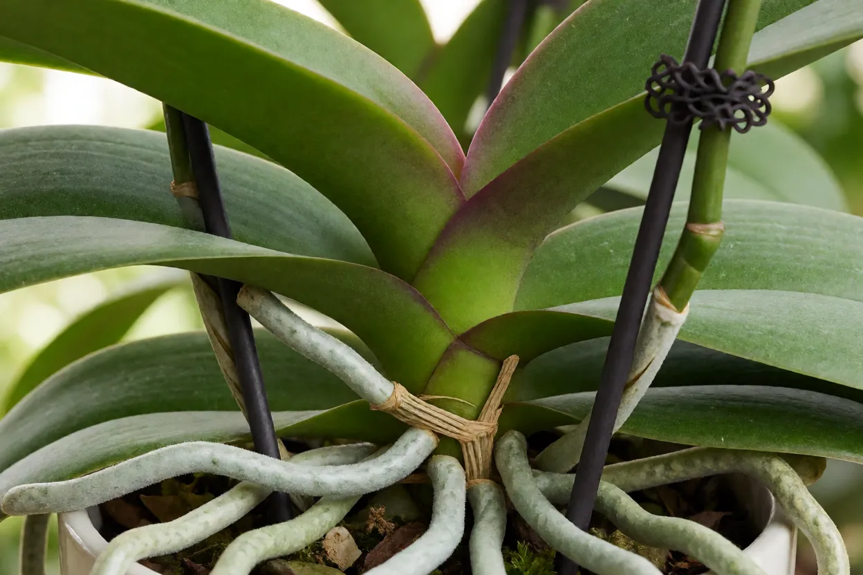Detalhe das folhas e ra&iacute;zes a&eacute;reas da Phalaenopsis