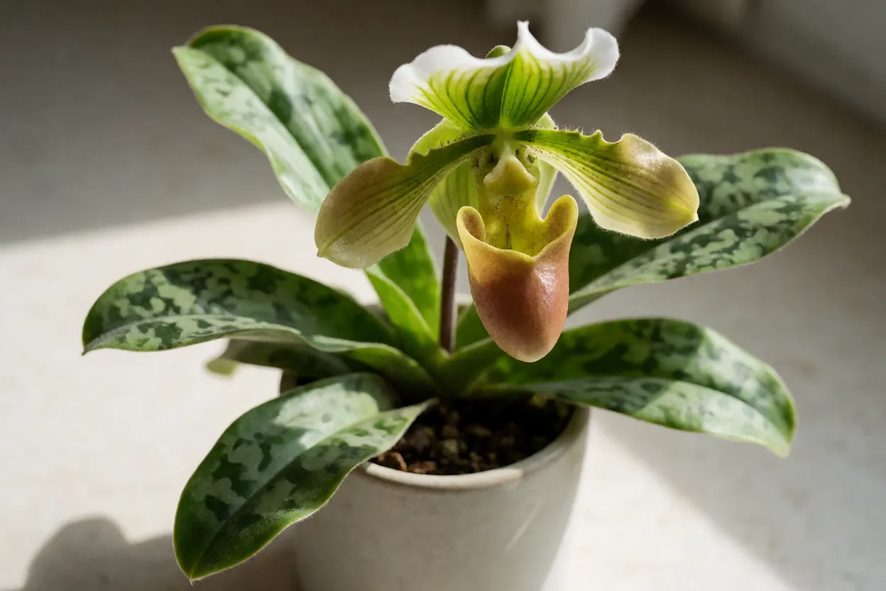 Orquídea sapatinho Paphiopedilum em vaso com flor em forma de bolsa e folhas marmorizadas