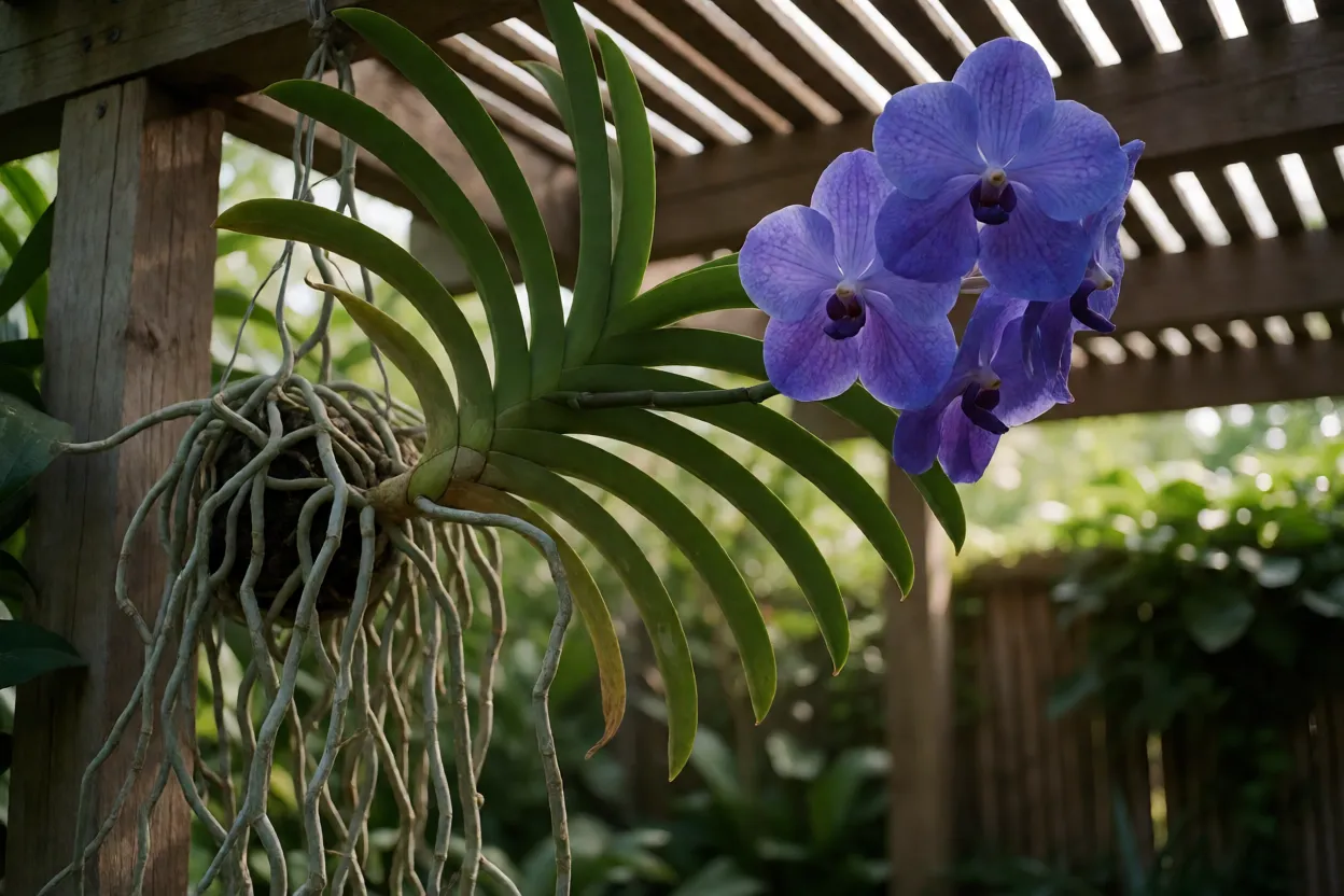 Orquídea Vanda adulta pendente com raízes aéreas expostas e flores azul-violetas