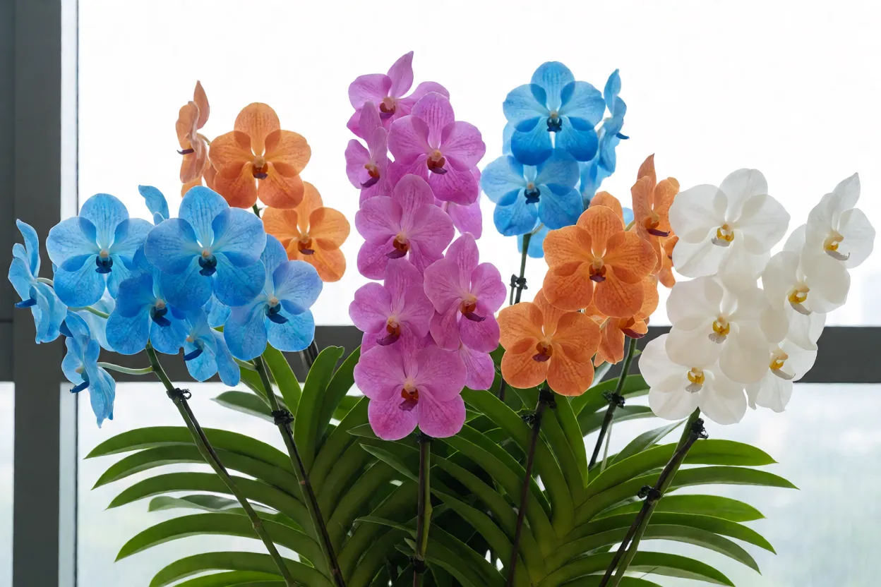 Variedades de Orquídea Vanda em cores azul, rosa, laranja e branco