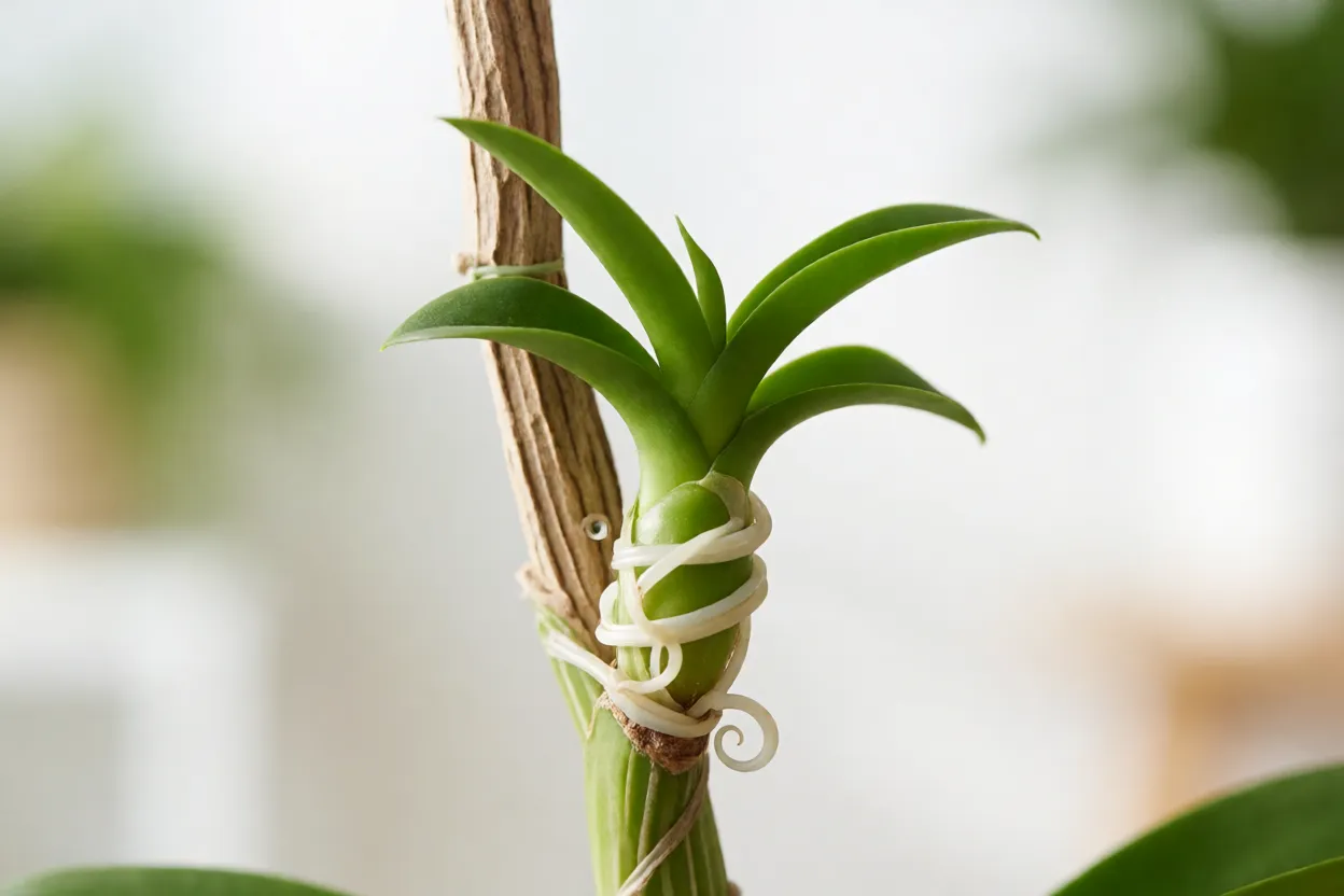 Muda lateral keiki de Orquídea Vanda crescendo na haste da planta mãe