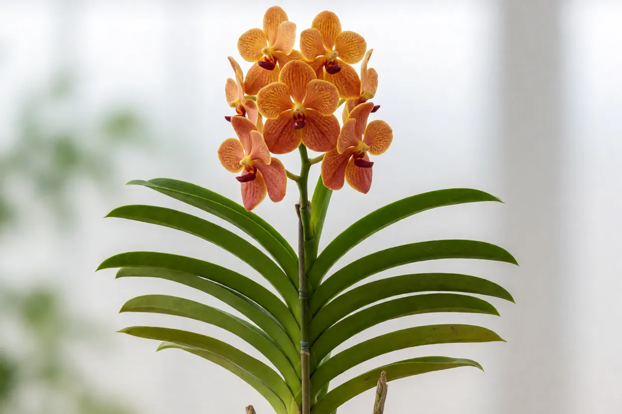 Orqu&iacute;dea Vanda florida com caule ereto e folhas em forma de fita