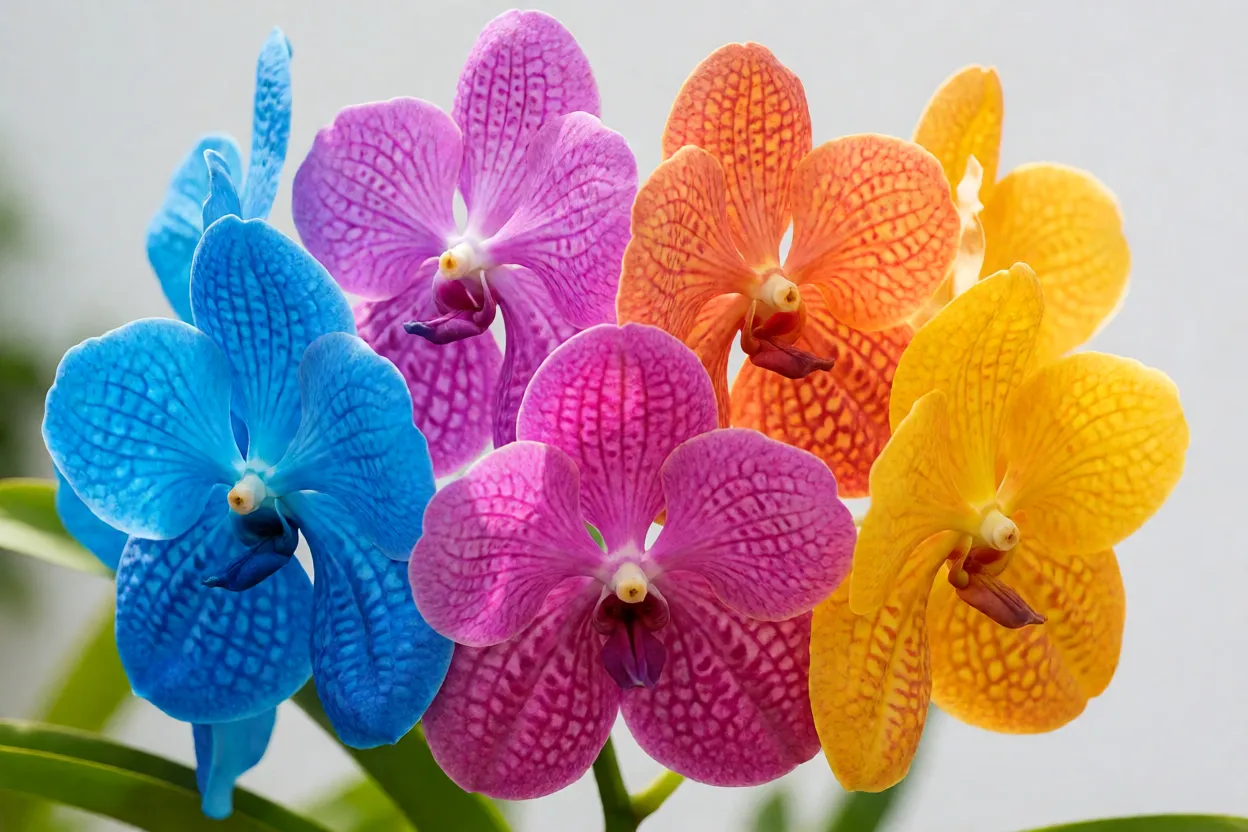 Flores de orqu&iacute;dea Vanda em diferentes cores, do azul ao laranja