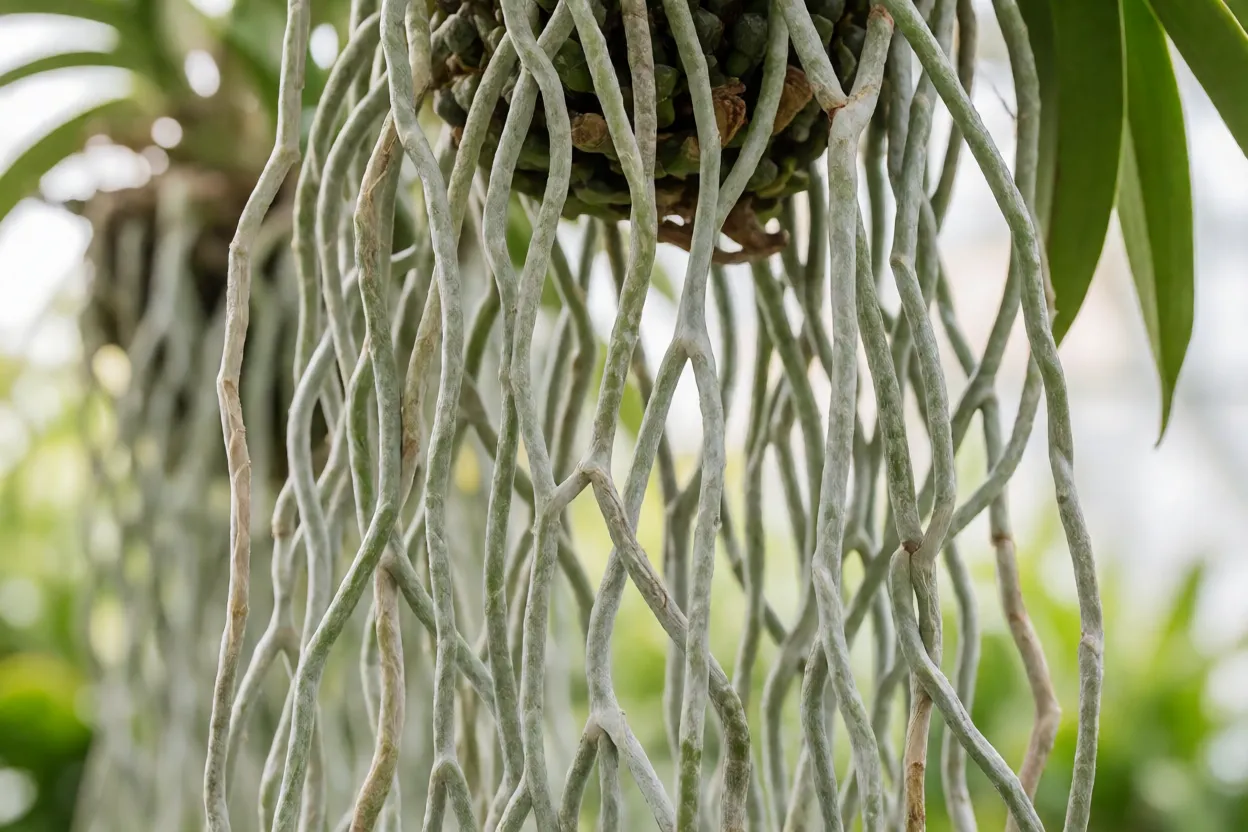 Ra&iacute;zes a&eacute;reas prateadas e verdes de uma orqu&iacute;dea Vanda