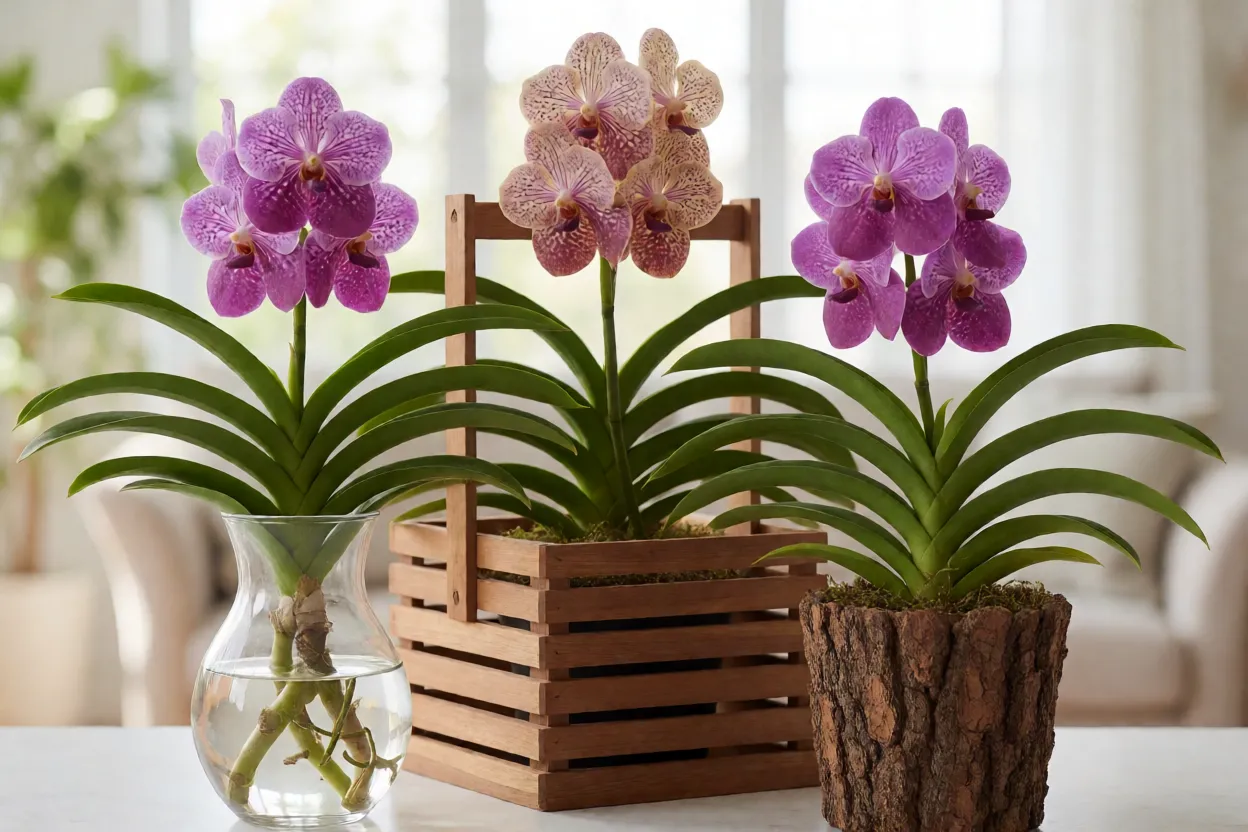 Tr&ecirc;s formas de cultivar Vanda: vaso de vidro, cesto de madeira e vaso com casca