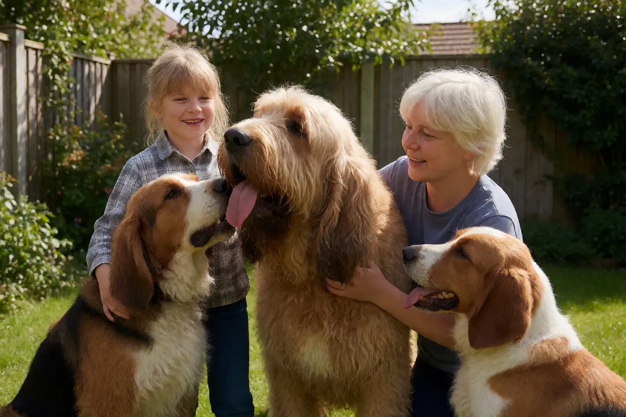 Otterhound grande ao lado de crian&ccedil;a e outro c&atilde;o em ambiente familiar