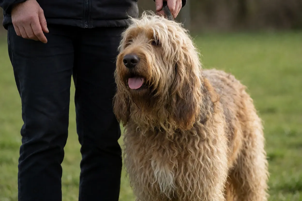Otterhound em sess&atilde;o de treinamento positivo com tutor ao ar livre
