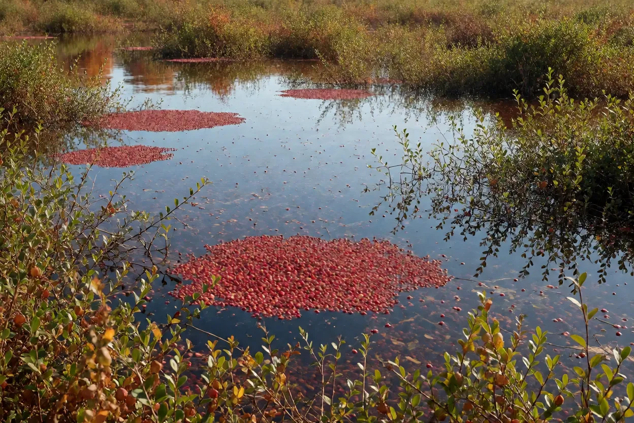 Plantação alagada de oxicoco com frutas boiando na colheita