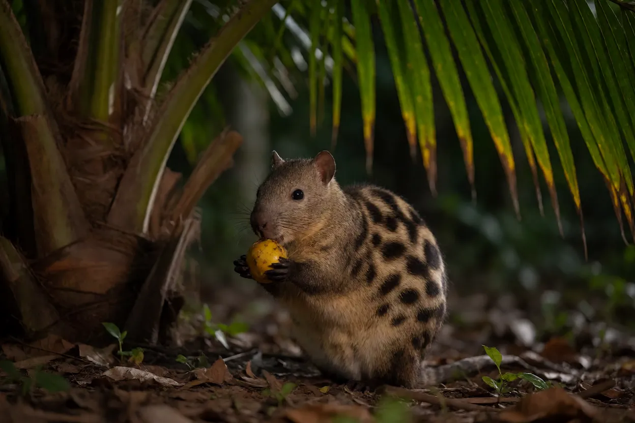 Paca comendo fruto no chão da mata durante a noite