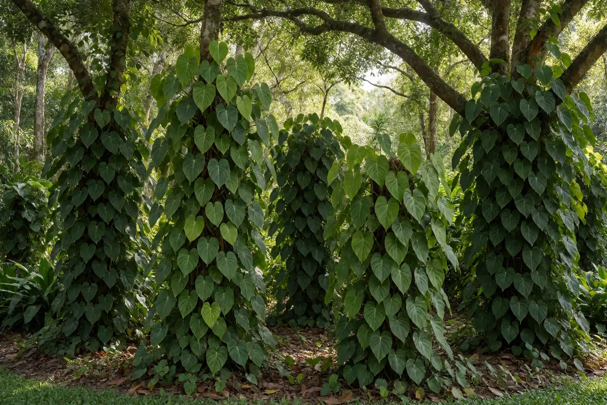 Pacová cultivado em canteiro sombreado no jardim sob árvores