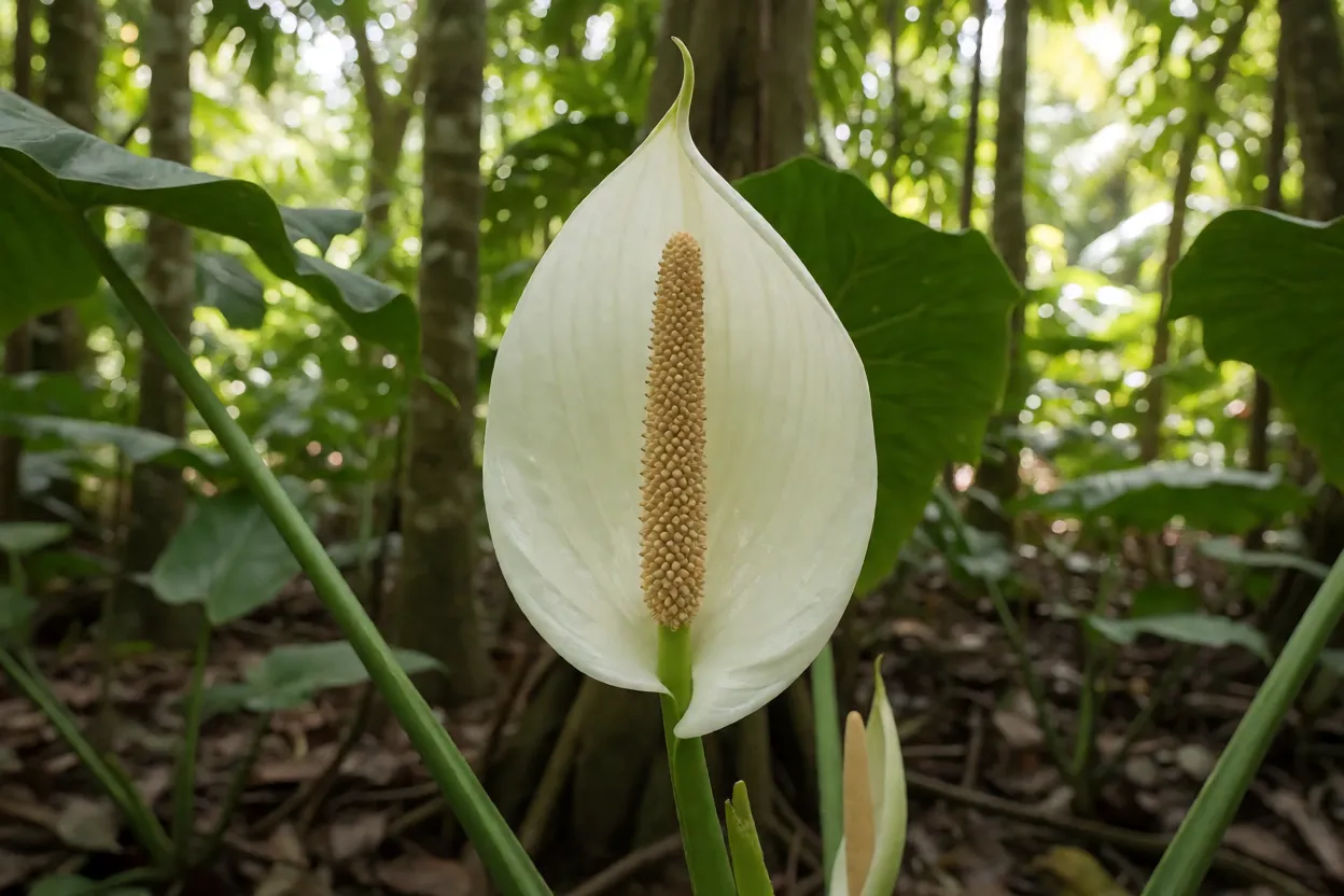 Inflorescência do pacová com espata branco-creme e espádice