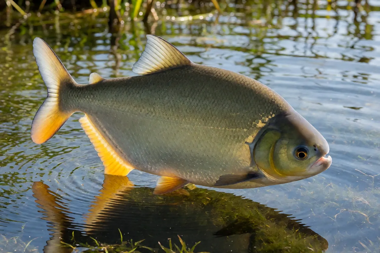 Pacu adulto de lado mostrando corpo alto prateado e ventre amarelado em água doce clara