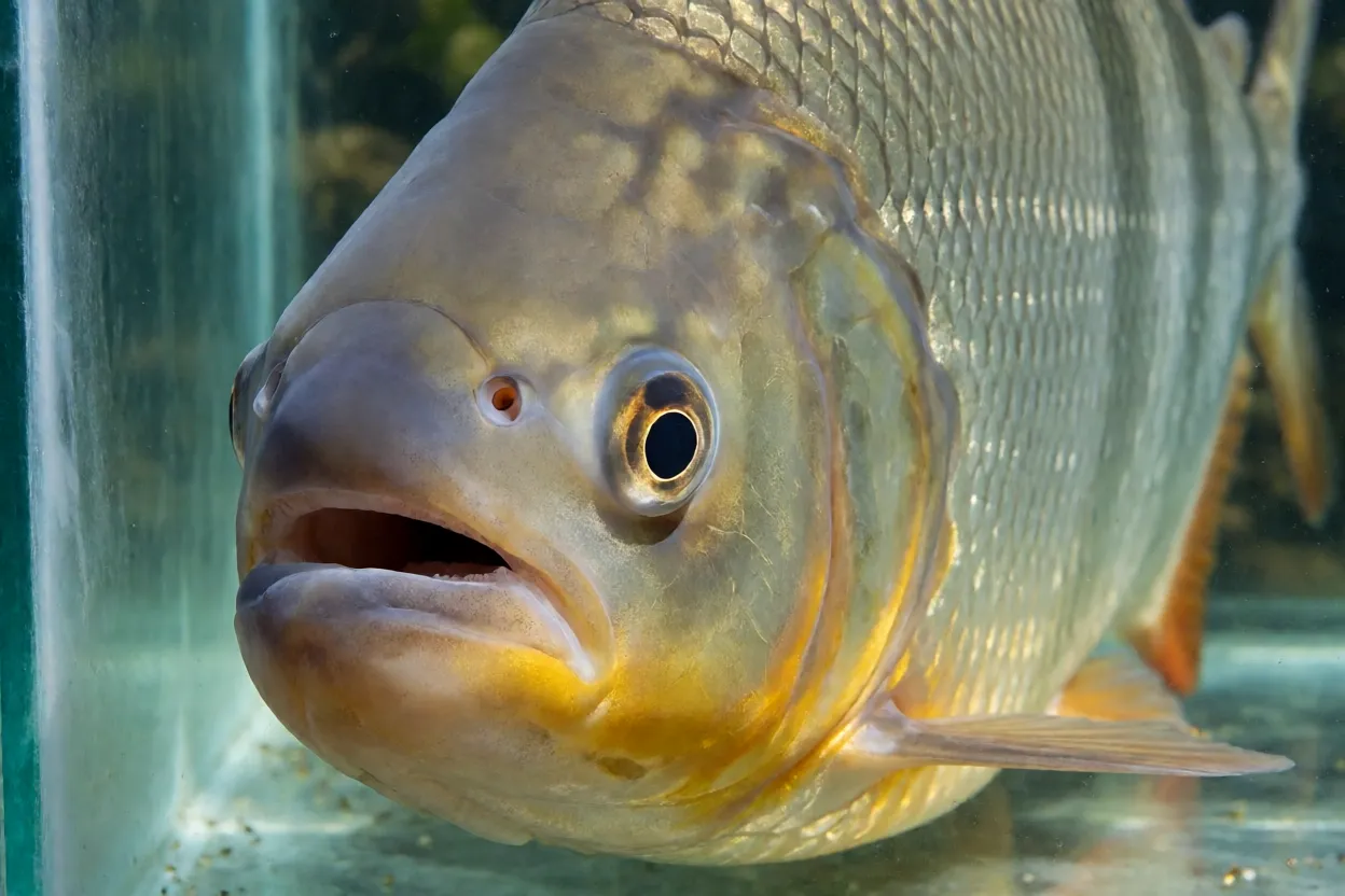 Close-up da cabeça do pacu-manteiga mostrando boca pequena e olhos grandes