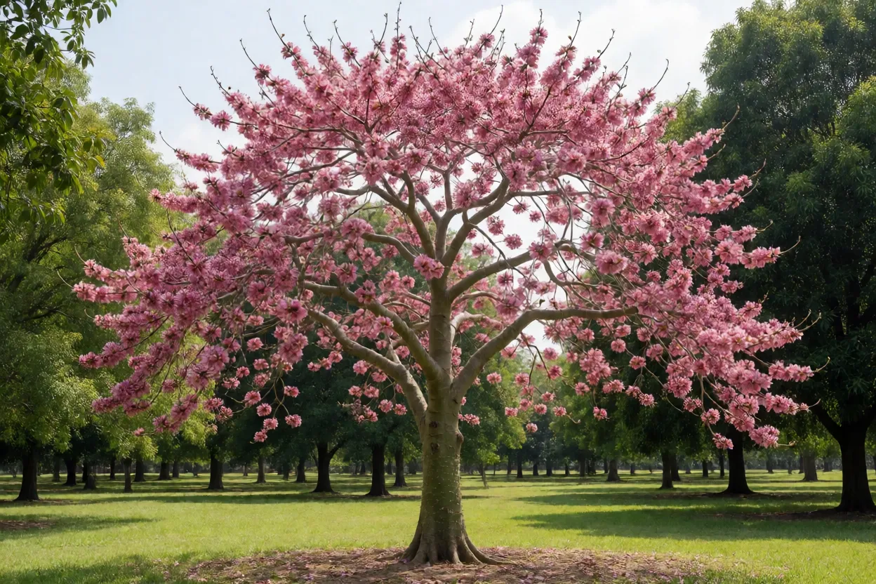 Paineira-rosa adulta florida com tronco verde espinhoso e copa cheia de flores rosas