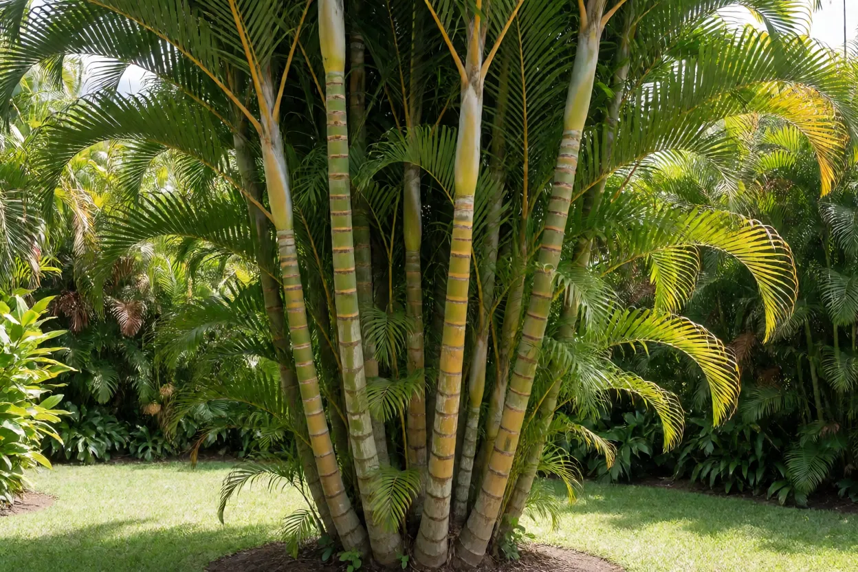 Palmeira-areca Palmeira-areca adulta em touceira no jardim mostrando vários estipes