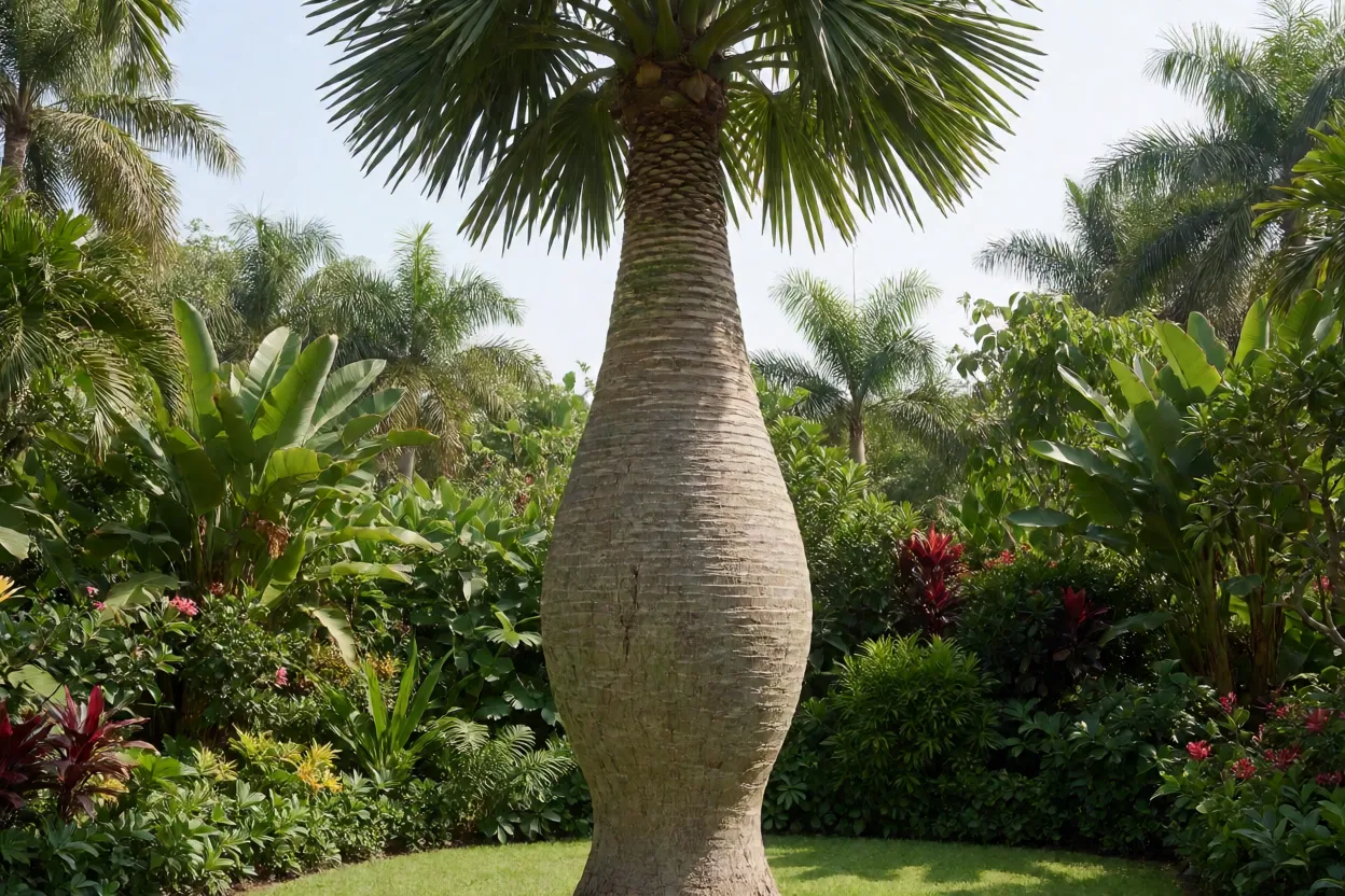 Palmeira-fuso adulta com tronco em forma de fuso em jardim tropical