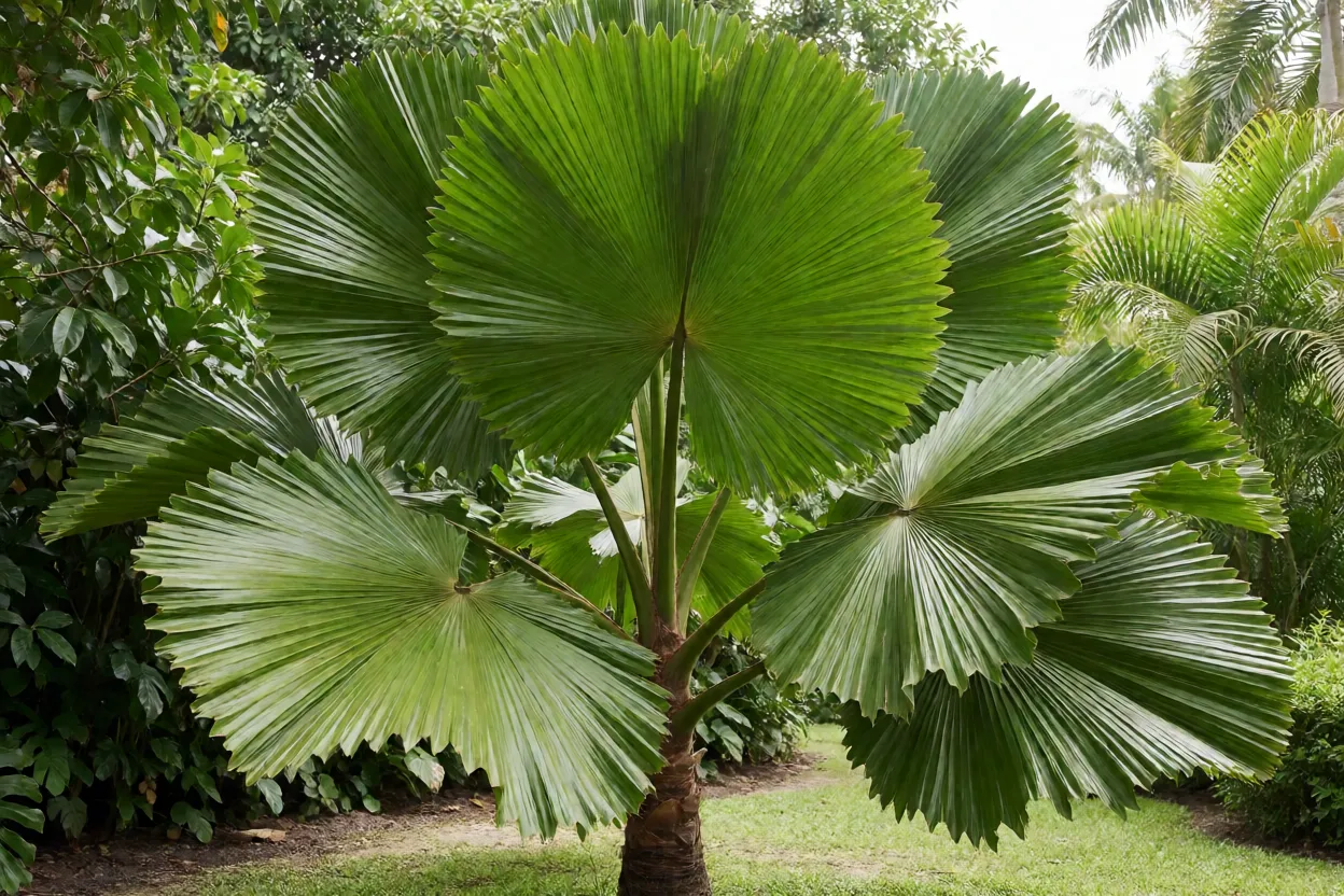 Palmeira-leque adulta Licuala grandis de corpo inteiro no jardim