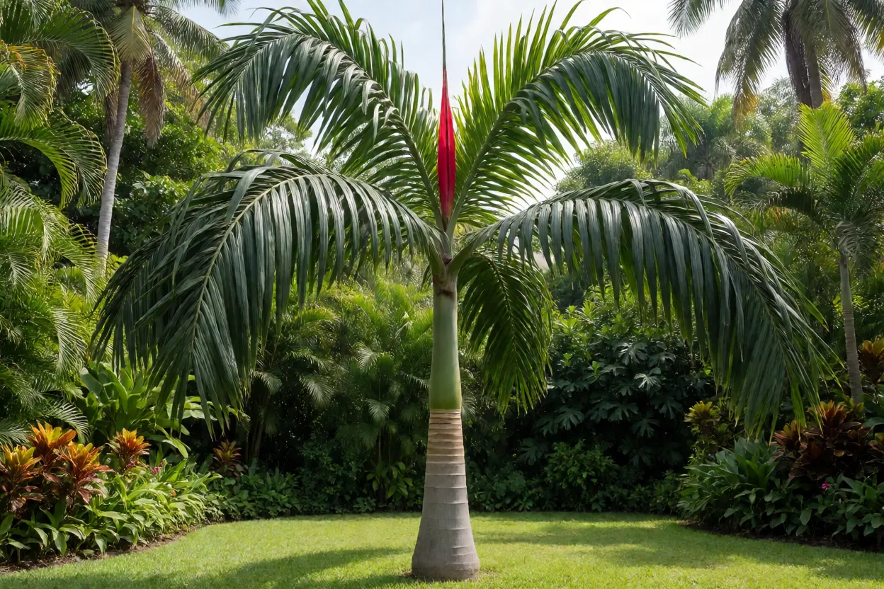 Palmeira-metálica adulta de corpo inteiro no jardim tropical com broto vermelho no topo