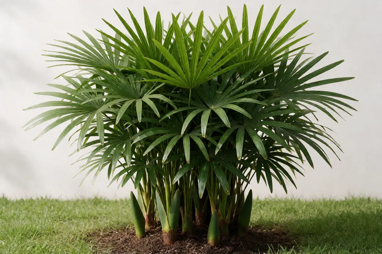 Palmeira-ráfis: características, tamanho, crescimento e cuidados em vasos Touceira de palmeira-ráfis com novos brotos basais