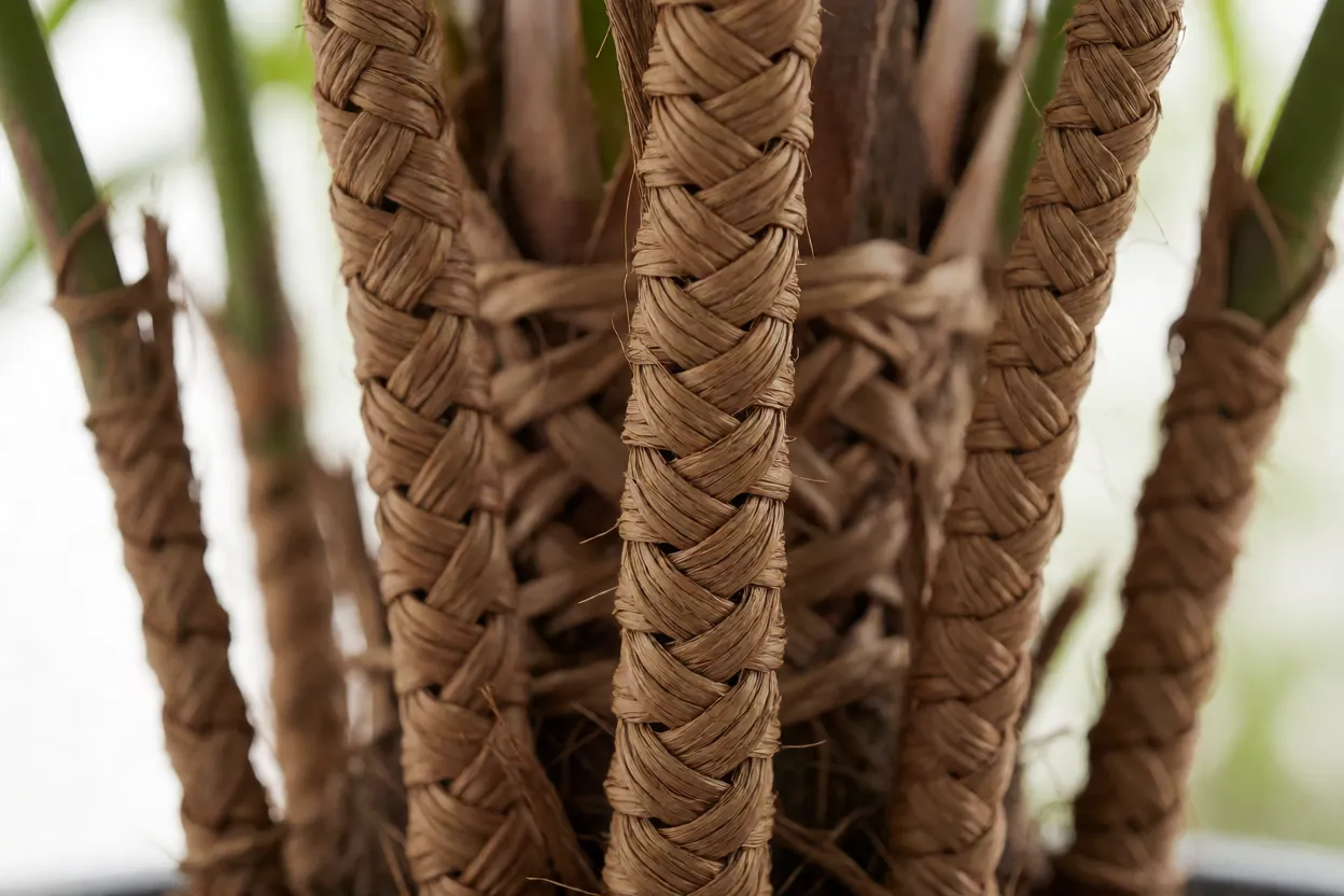 Caule e fibra da palmeira-rápis em detalhe