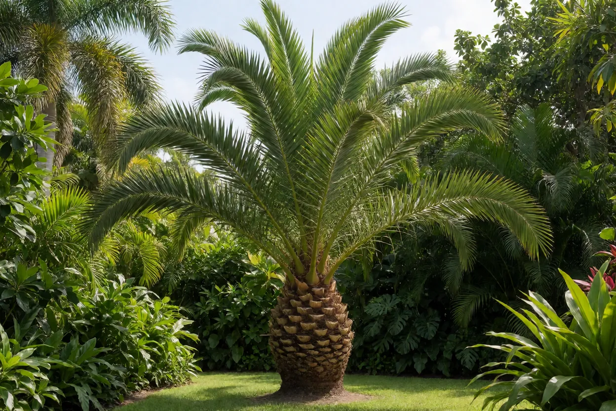 Palmeira-triângulo adulta de corpo inteiro no jardim mostrando tronco triangular