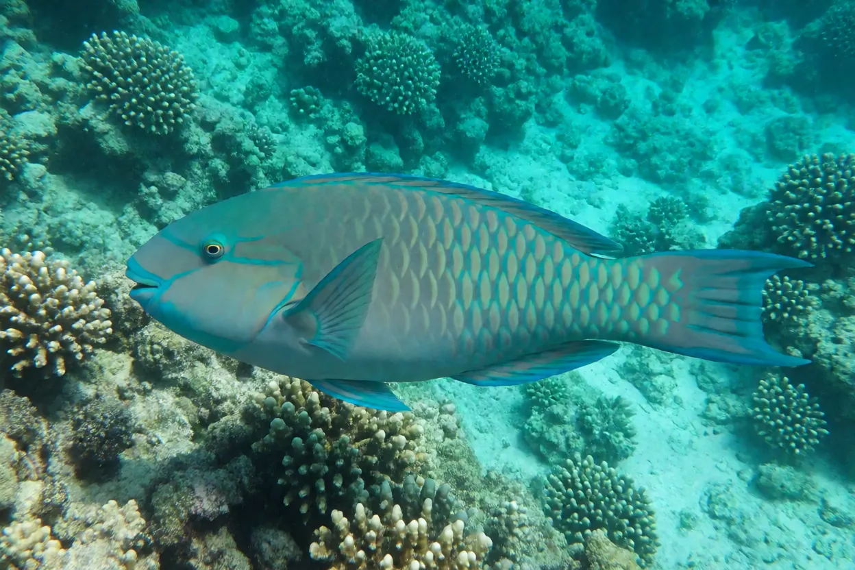 Peixe-papagaio Scarus trispinosus nadando sobre recife de coral