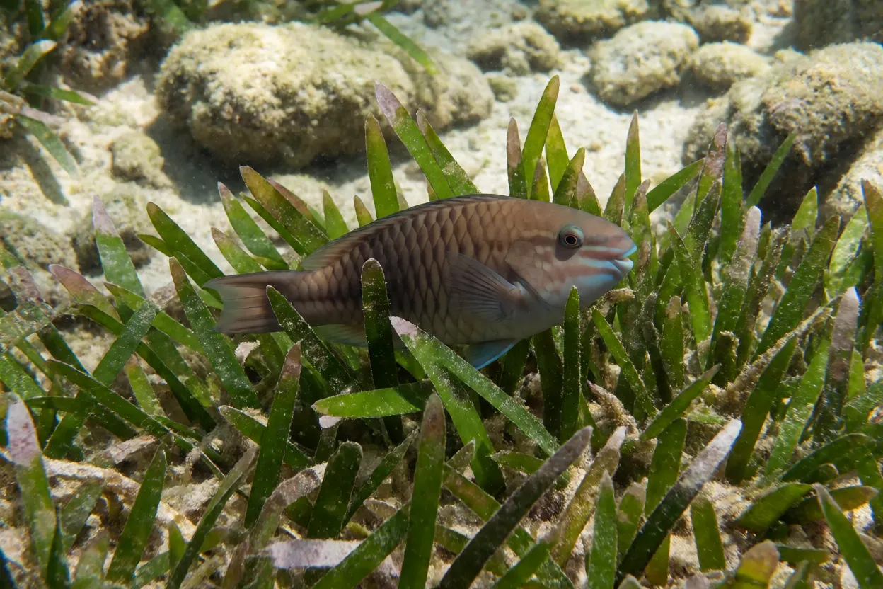 Filhote de peixe-papagaio em fase inicial com coloração marrom